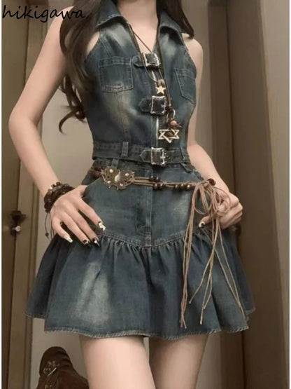 LVSANW Fashion Two Piece Sets Women Clothing Sleeveless Zipper Y2k Tops High Waist A-line Mini Skirt Outfits Casual Summer Denim Set