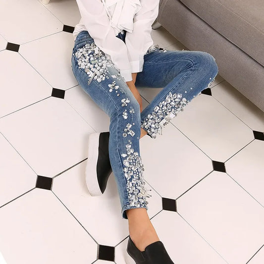 LVSANW Fashion Vintage Women Luxury Embroidered Flares Diamond Denim Jeans Women Beaded Skinny Slim Fit Stretch Pencil Pants Trousers