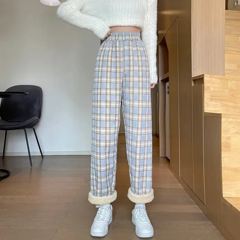 LVSANW Fashion Warm Plush Pants Cashmere Thick Plaid Ladies Winter Casual Loose Wide-legged Pants Korean Streetwear Students