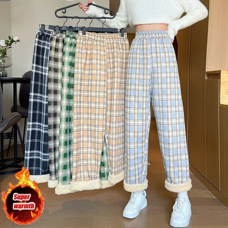 LVSANW Fashion Warm Plush Pants Cashmere Thick Plaid Ladies Winter Casual Loose Wide-legged Pants Korean Streetwear Students