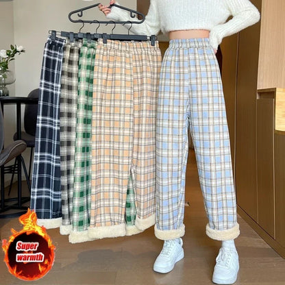 LVSANW Fashion Warm Plush Pants Cashmere Thick Plaid Ladies Winter Casual Loose Wide-legged Pants Korean Streetwear Students