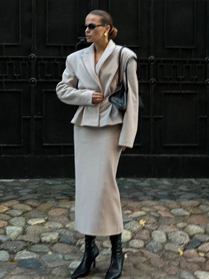 LVSANW Fashion Women 2 Piece Set Outfit Elegant Pleated High Waist Slim Full Sleeve Coat Long Skirt 2025 Spring Ladies Commuting Suit