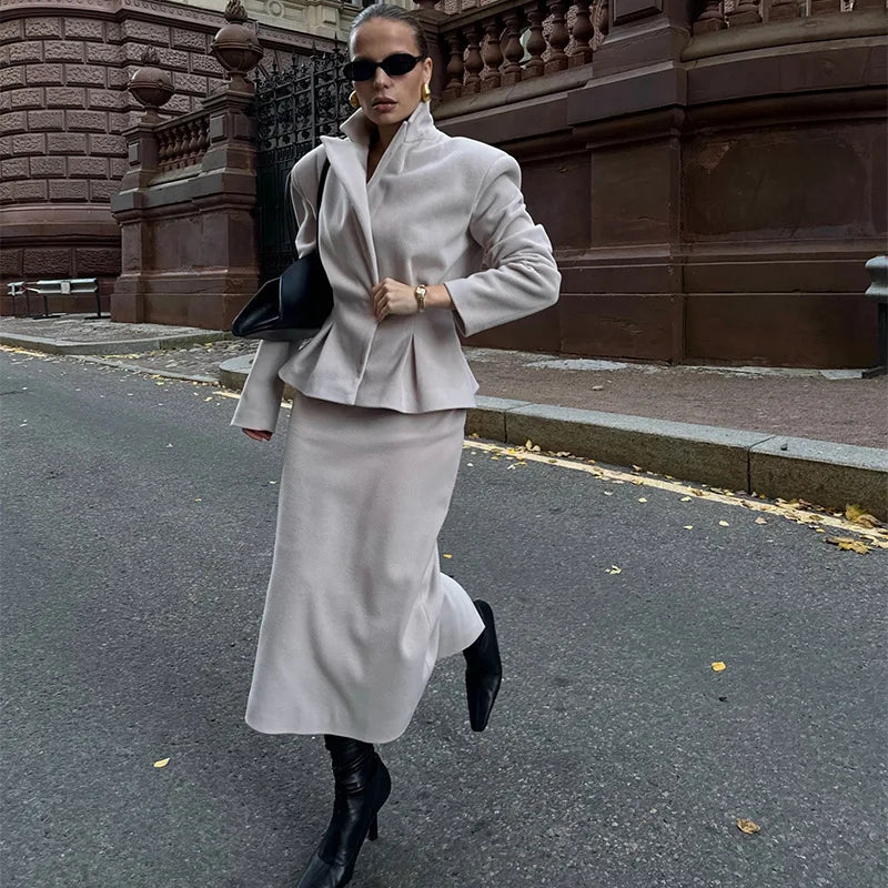 LVSANW Fashion Women 2 Piece Set Outfit Elegant Pleated High Waist Slim Full Sleeve Coat Long Skirt 2025 Spring Ladies Commuting Suit