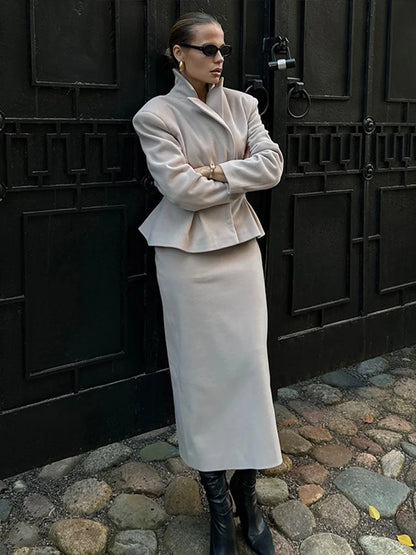 LVSANW Fashion Women 2 Piece Set Outfit Elegant Pleated High Waist Slim Full Sleeve Coat Long Skirt 2025 Spring Ladies Commuting Suit