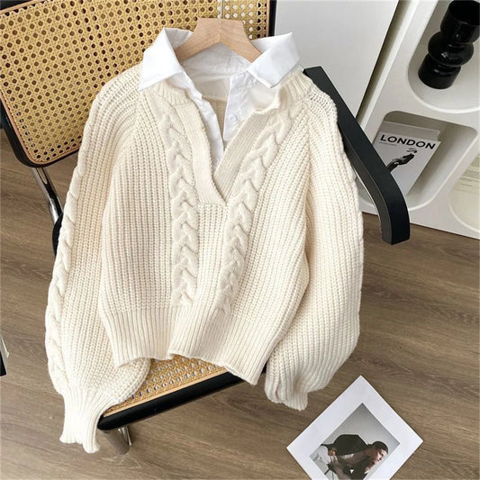 LVSANW Fashion Women Clothes Japanese Lazy Retro Design Pullovers Fake Two Sweaters for Autumn and Winter Pullover Women's Clothing