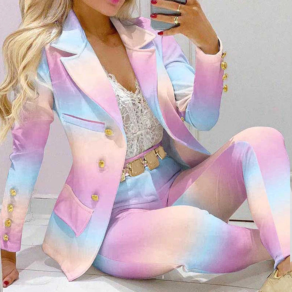 LVSANW Fashion Women Jacket + Pants 2 Piece Set Spring New Button Long Sleeve Turn-down Collar Print Suit Casual Blazer Versatile Set