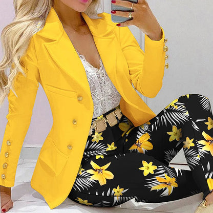 LVSANW Fashion Women Jacket + Pants 2 Piece Set Spring New Button Long Sleeve Turn-down Collar Print Suit Casual Blazer Versatile Set