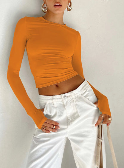 LVSANW Fashion Women T-shirt Long Sleeve Crew Neck Solid Slim Fit Ladies Crop Top with Thumb Holes for Daily Streetwear Summer Camis