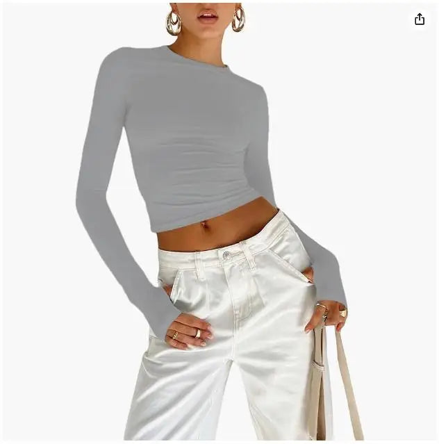 LVSANW Fashion Women T-shirt Long Sleeve Crew Neck Solid Slim Fit Ladies Crop Top with Thumb Holes for Daily Streetwear Summer Camis