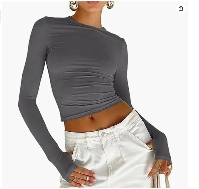 LVSANW Fashion Women T-shirt Long Sleeve Crew Neck Solid Slim Fit Ladies Crop Top with Thumb Holes for Daily Streetwear Summer Camis