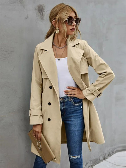 LVSANW Fashion Women Trench Casual Solid Color Coat Adult Elagant Fashion Long Sleeve Lapel Neck Double Breasted Belted Coat For Female