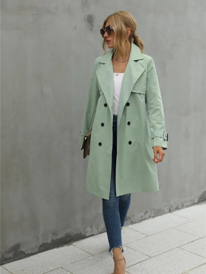 LVSANW Fashion Women Trench Casual Solid Color Coat Adult Elagant Fashion Long Sleeve Lapel Neck Double Breasted Belted Coat For Female