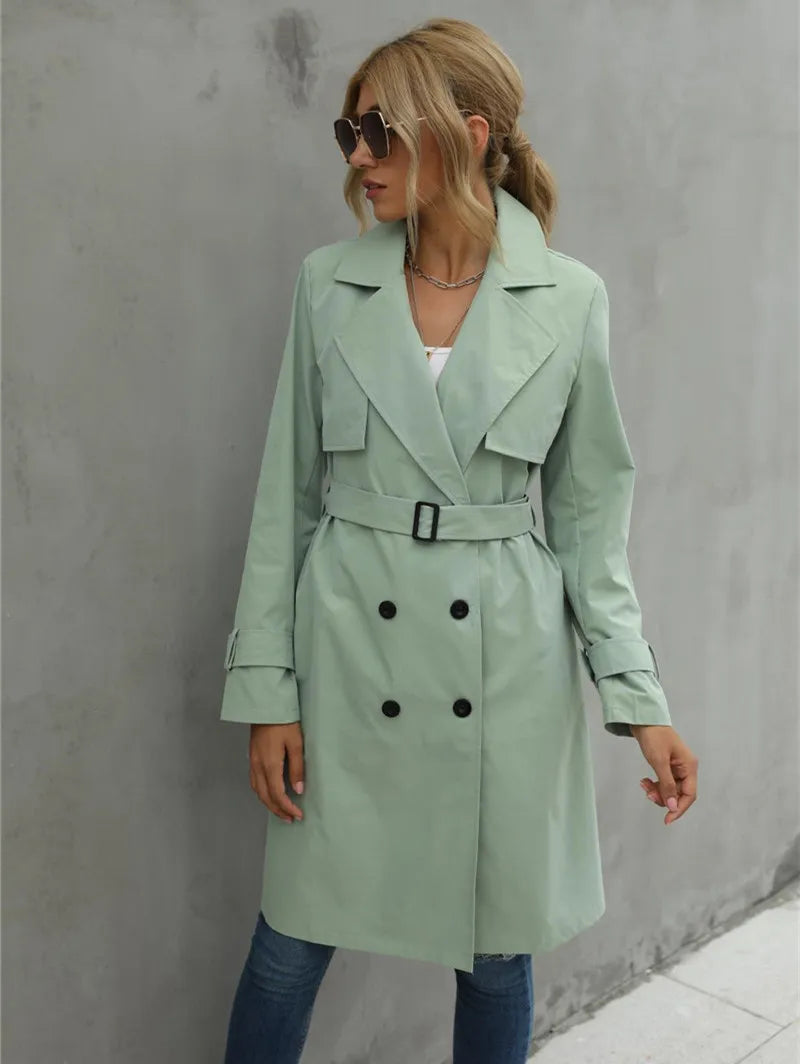 LVSANW Fashion Women Trench Casual Solid Color Coat Adult Elagant Fashion Long Sleeve Lapel Neck Double Breasted Belted Coat For Female