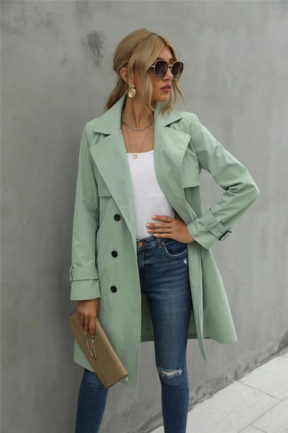 LVSANW Fashion Women Trench Casual Solid Color Coat Adult Elagant Fashion Long Sleeve Lapel Neck Double Breasted Belted Coat For Female