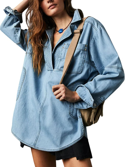 LVSANW Fashion Women's Denim Shirt Casual Button V Neck Blouse Loose Fitting Long Sleeves Woman Jean Blouses And Shirts Top With Pocket