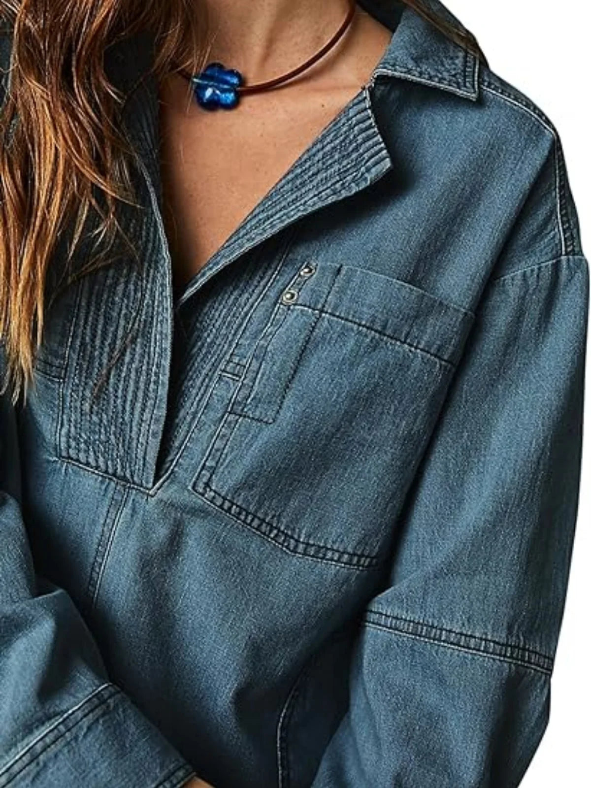 LVSANW Fashion Women's Denim Shirt Casual Button V Neck Blouse Loose Fitting Long Sleeves Woman Jean Blouses And Shirts Top With Pocket