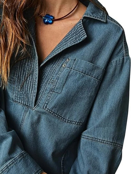 LVSANW Fashion Women's Denim Shirt Casual Button V Neck Blouse Loose Fitting Long Sleeves Woman Jean Blouses And Shirts Top With Pocket