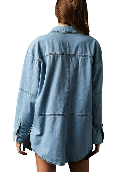 LVSANW Fashion Women's Denim Shirt Casual Button V Neck Blouse Loose Fitting Long Sleeves Woman Jean Blouses And Shirts Top With Pocket