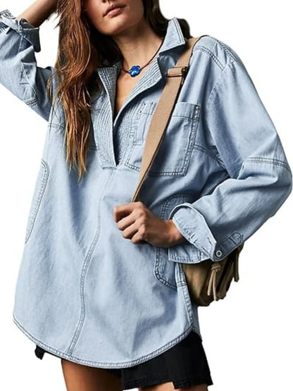 LVSANW Fashion Women's Denim Shirt Casual Button V Neck Blouse Loose Fitting Long Sleeves Woman Jean Blouses And Shirts Top With Pocket