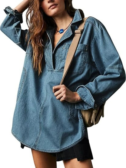 LVSANW Fashion Women's Denim Shirt Casual Button V Neck Blouse Loose Fitting Long Sleeves Woman Jean Blouses And Shirts Top With Pocket