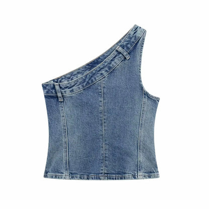 LVSANW Fashion Womens Asymmetric Diagonal Neck Denim Top