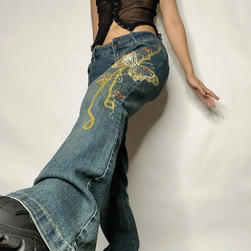 LVSANW Fashion Y2k Pants Cyber Y2k Jeans Emo High Street Spice Retro Butterfly Print Grunge Fairy Jeans Alt Cloth Harajuku Mom Jeans