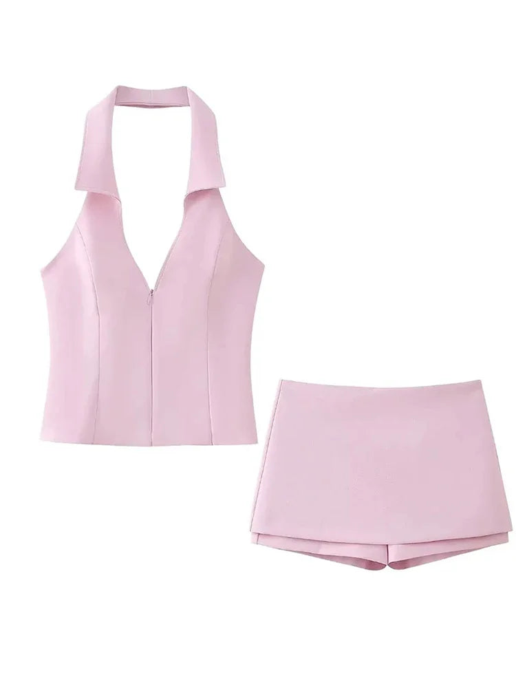 LVSANW Fashion pink shorts set for women sexy V neck sleeveless tops female slim hip package skirt 2024 Spring Summer new ladies suit