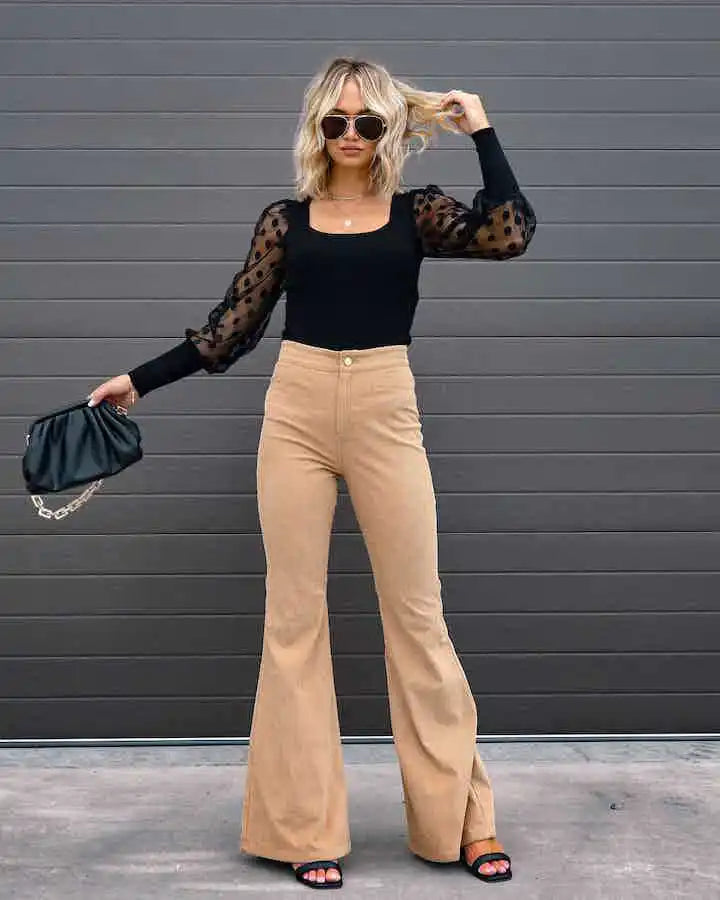 LVSANW Fashionable Retro Women's Slightly Flared Pants Autumn And Winter Solid Color High Waist Button Slim Pants For Dating And Office