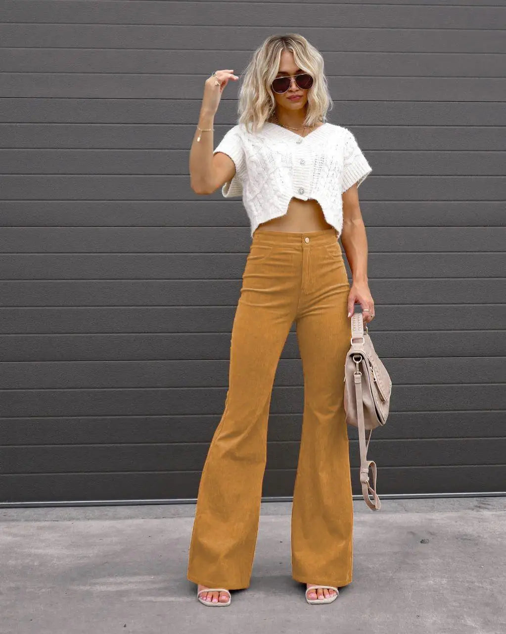 LVSANW Fashionable Retro Women's Slightly Flared Pants Autumn And Winter Solid Color High Waist Button Slim Pants For Dating And Office