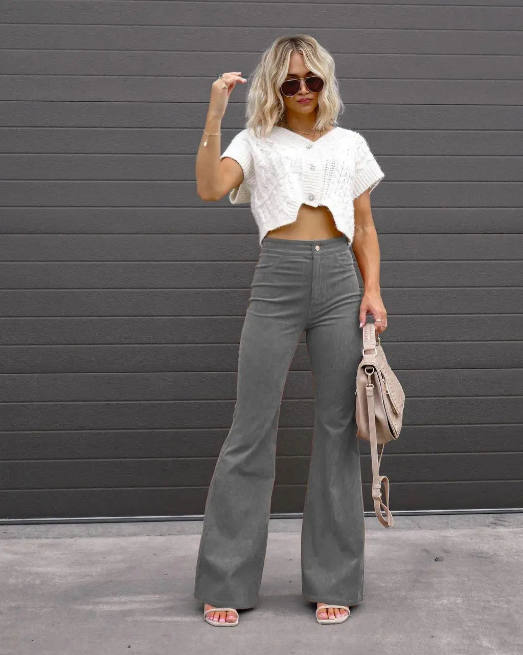 LVSANW Fashionable Retro Women's Slightly Flared Pants Autumn And Winter Solid Color High Waist Button Slim Pants For Dating And Office