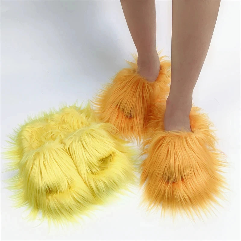 LVSANW Faux Fur Slippers 2024 Women Winter Plush Warm Home Flat Slides Mongolian Wool Flip Flops Y2K Girls Furry Shoes Cute Slippers