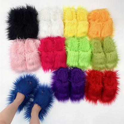 LVSANW Faux Fur Slippers 2024 Women Winter Plush Warm Home Flat Slides Mongolian Wool Flip Flops Y2K Girls Furry Shoes Cute Slippers