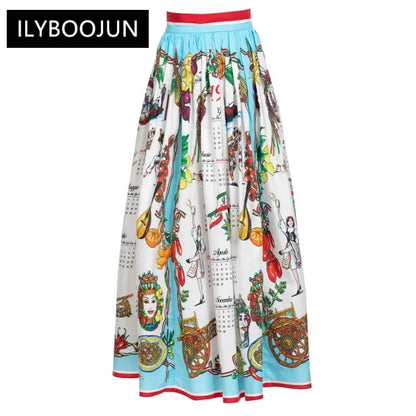 LVSANW Female Clothing 2024 Vintage Runway Autumn Cotton Skirts Women's Vegetable and Food Calendar print Vacation Elegant Skirts