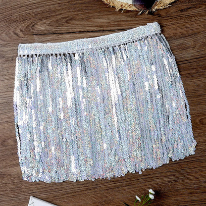 LVSANW Female Sequined Fringe Cover Up Skirts Beach Bikini Shiny Cover Ups Half Length Skirt For Swimwear Solid Color Sexy Short Skirt