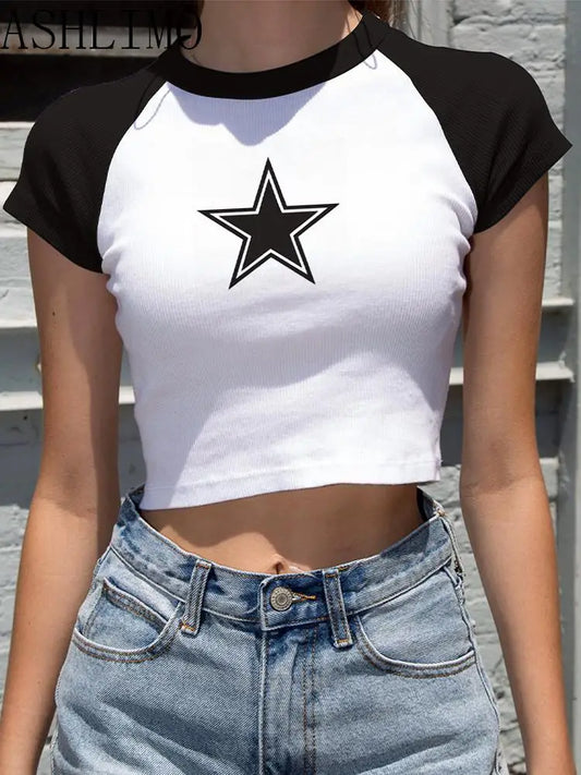 LVSANW Female Y2K Clothes Star Tops Women Tshirt Harajuku Retro Fashion Gothic Short Sleeve Crop Sexy Tops Aesthetics Tops Short Navel