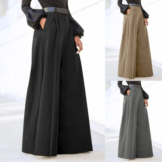 LVSANW Flared Leg Trousers Elegant High Waist Wide Leg Pants with Pockets for Women Solid Color Flared Trousers for Workwear Commuting