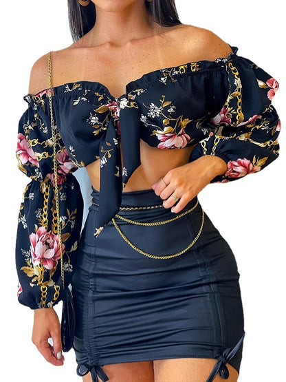 LVSANW Flowers Print Slash Neck Long Sleeves Crop Top Skirts 2 Pcs Set Sexy Slim Summer Fashion Outfit Streetwear Dress Sets