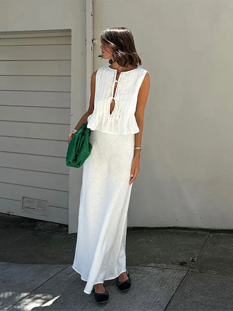 LVSANW Folded Ruffles Lace Up Top Women Suits Chic Sleeveless Shirt Long Skirt 2 Pieces Set 2024 Summer Lady Office Highstreet Outfit