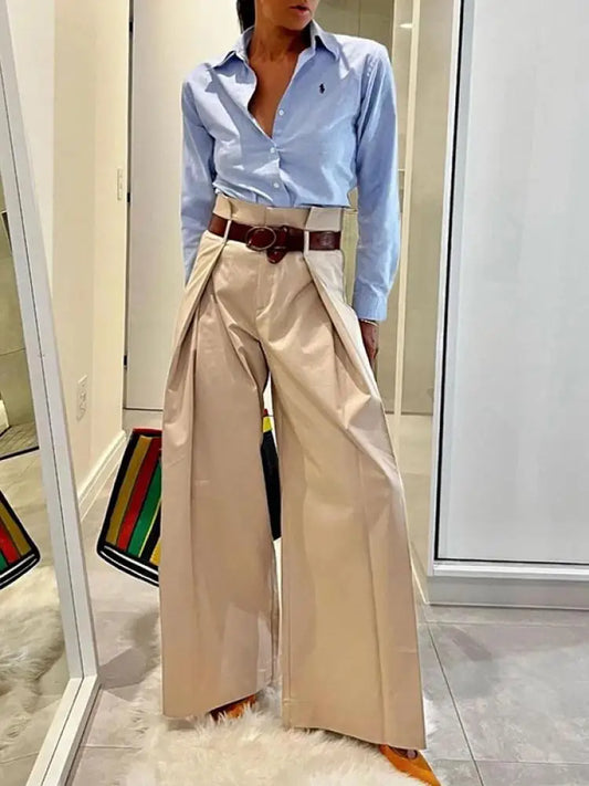 LVSANW Freeacy Urban Women's Pants Solid Apricot High Waist Wide Leg Trousers 2024 Spring and Summer Female Casual Streetwear Bottoms