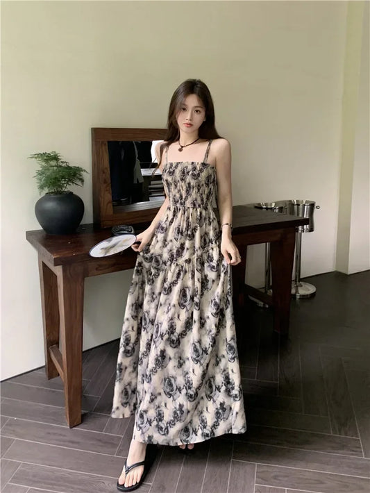 LVSANW French Rose Print Lace Dress for Women Summer Autumn New Design Sense High Waist Wrapped Chic Strap Long Dresses Cheap Wholesale