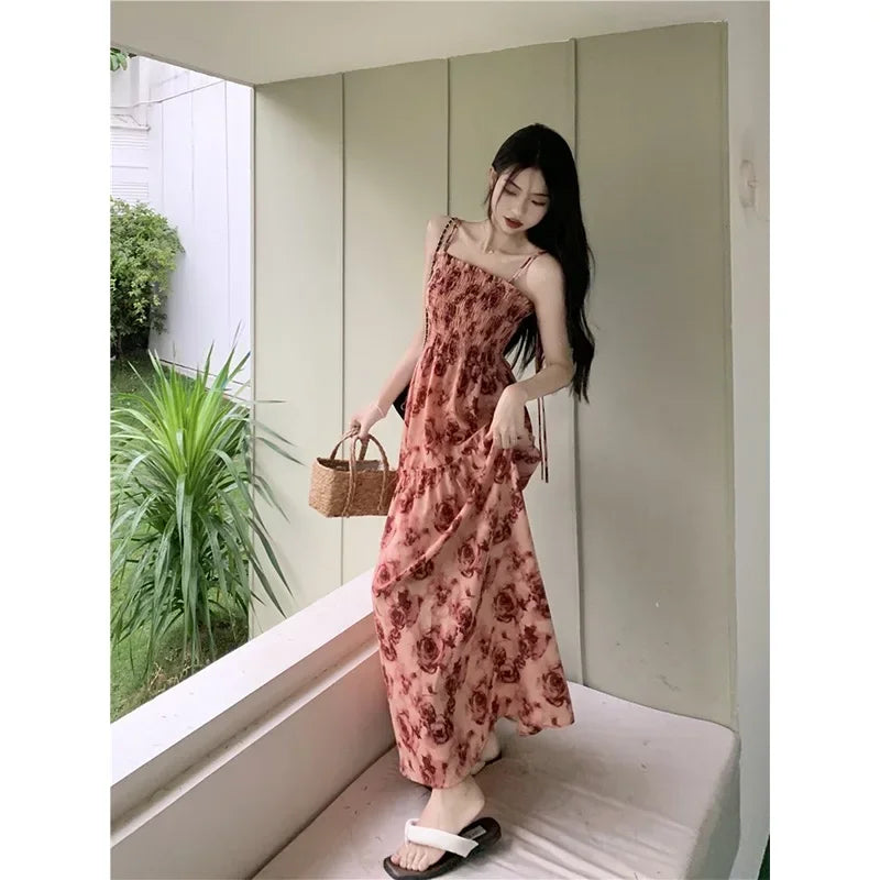 LVSANW French Rose Print Lace Dress for Women Summer Autumn New Design Sense High Waist Wrapped Chic Strap Long Dresses Cheap Wholesale