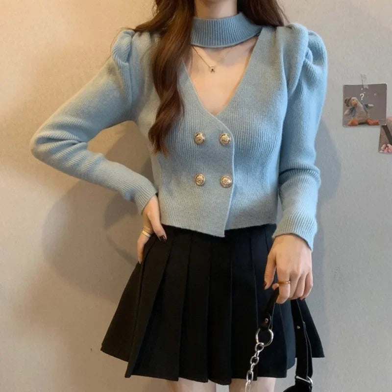 LVSANW French Style V-Neck Halter Top Women's Cropped Tweed Sweater Long Sleeve Knit Base Layer Autumn 2025 Collection Bubble Sleeve Pu