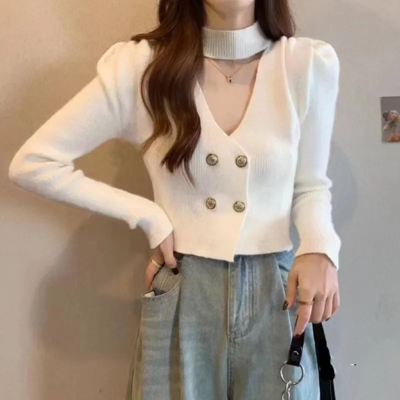 LVSANW French Style V-Neck Halter Top Women's Cropped Tweed Sweater Long Sleeve Knit Base Layer Autumn 2025 Collection Bubble Sleeve Pu