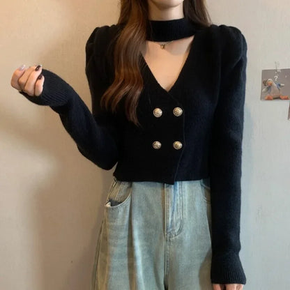 LVSANW French Style V-Neck Halter Top Women's Cropped Tweed Sweater Long Sleeve Knit Base Layer Autumn 2025 Collection Bubble Sleeve Pu