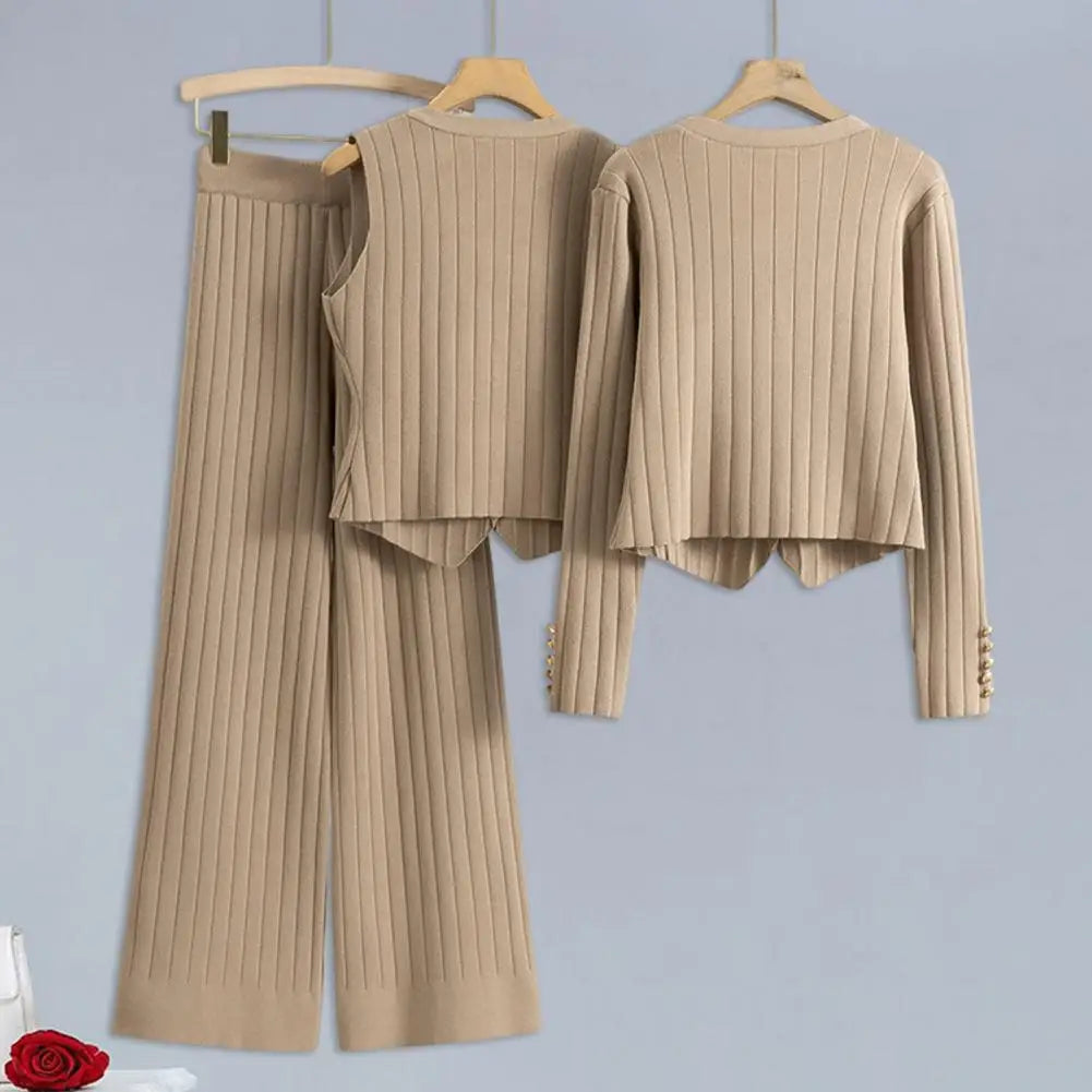 LVSANW French Style Women Knitted Sweater Pants Set 3 Pieces Wide Leg Pants Sweater And Vest And Knitted Cardigan Set Elegant Outfit