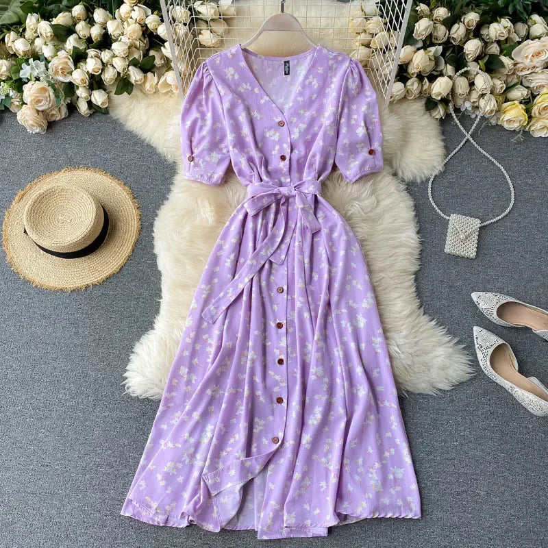 LVSANW French Sweet Floral Dress Women V Neck Puff Sleeve Single-Breasted Belt Dress Summer Bohemian Print A-line Midi Dress