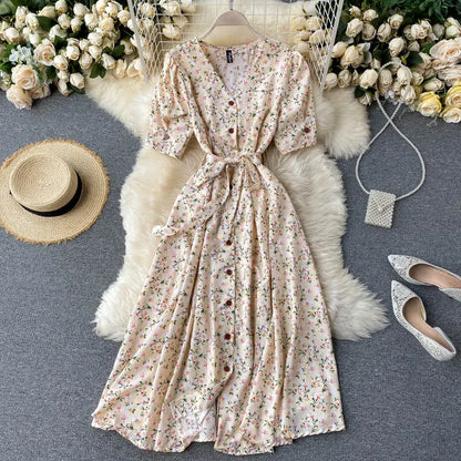 LVSANW French Sweet Floral Dress Women V Neck Puff Sleeve Single-Breasted Belt Dress Summer Bohemian Print A-line Midi Dress