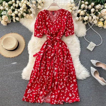 LVSANW French Sweet Floral Dress Women V Neck Puff Sleeve Single-Breasted Belt Dress Summer Bohemian Print A-line Midi Dress