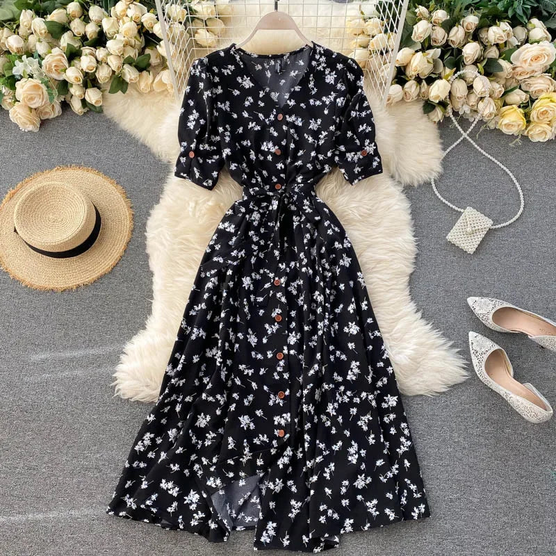 LVSANW French Sweet Floral Dress Women V Neck Puff Sleeve Single-Breasted Belt Dress Summer Bohemian Print A-line Midi Dress