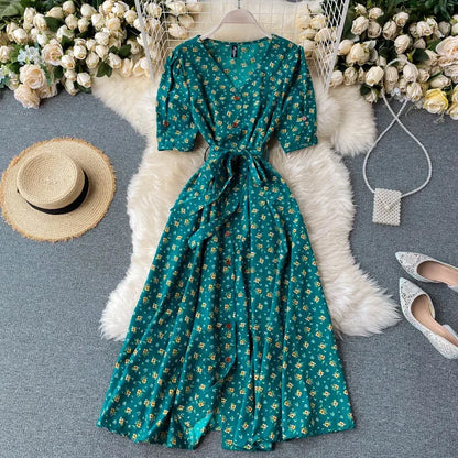 LVSANW French Sweet Floral Dress Women V Neck Puff Sleeve Single-Breasted Belt Dress Summer Bohemian Print A-line Midi Dress